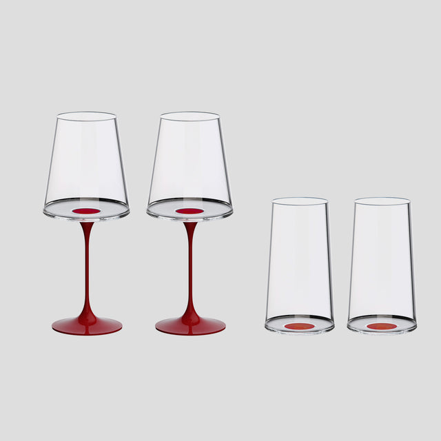 Split Glass – Kırmızı Şarap Kadehi & Flüt Bardak(2'li Set) - Kırmızı